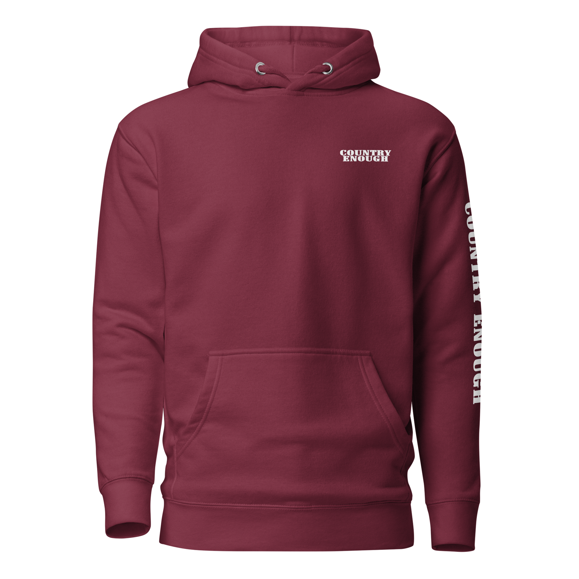 Maroon hoodie with graphic of the words country enough #maroon