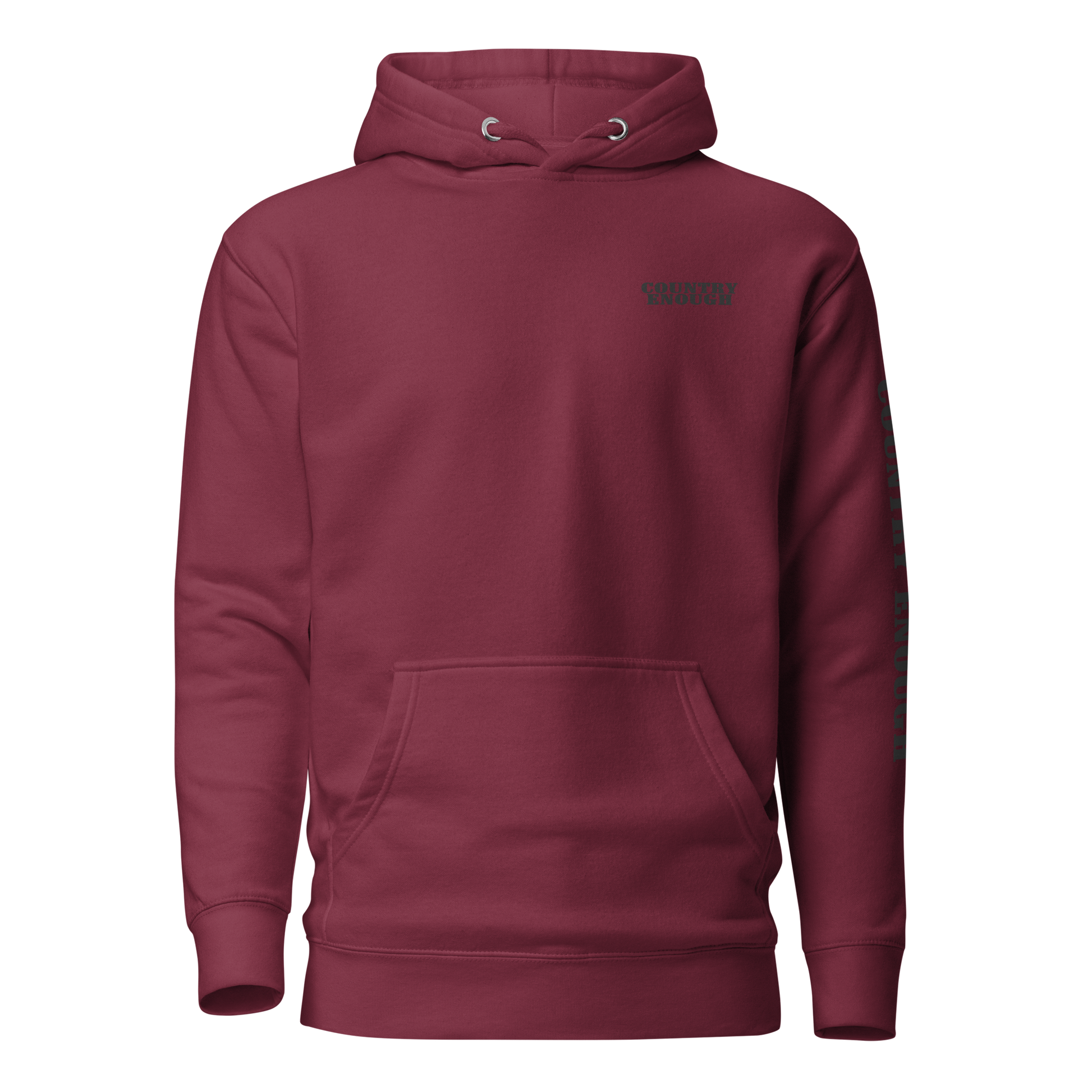 Maroon hoodie with graphic of the words country enough #maroon