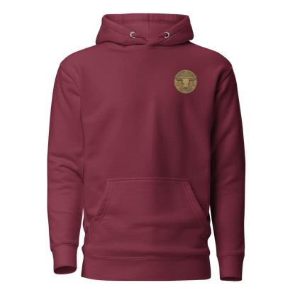 Maroon hoodie with western style graphic featuring longhorn skull and aztec print #maroon