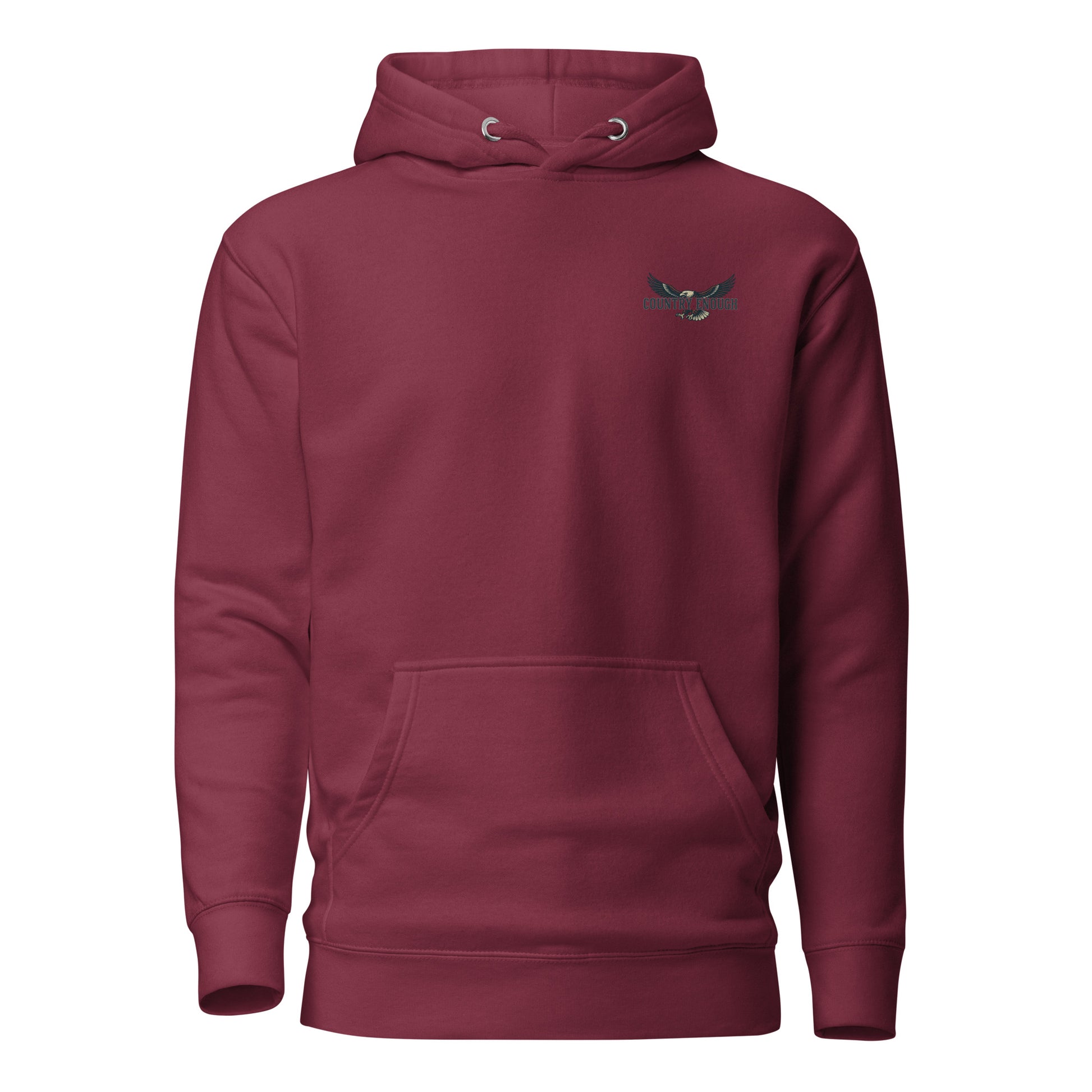 Maroon hoodie with an eagle and mountains in red, white, and blue with words American Frontier EST 1776 #maroon