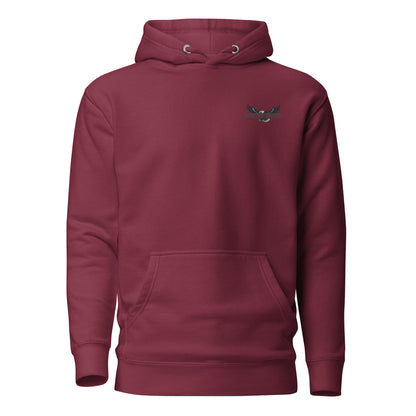 Maroon hoodie with an eagle and mountains in red, white, and blue with words American Frontier EST 1776 #maroon