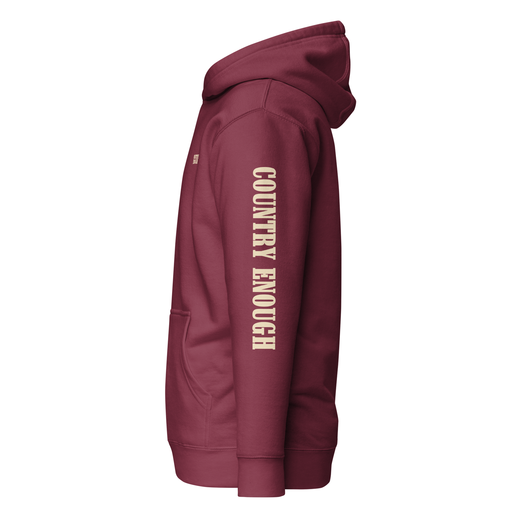 Maroon hoodie with graphic of the words country enough #maroon