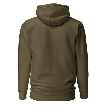 Military Green hoodie with a chest logo that includes a based, sunset, mountains, and the words country enough #militarygreen