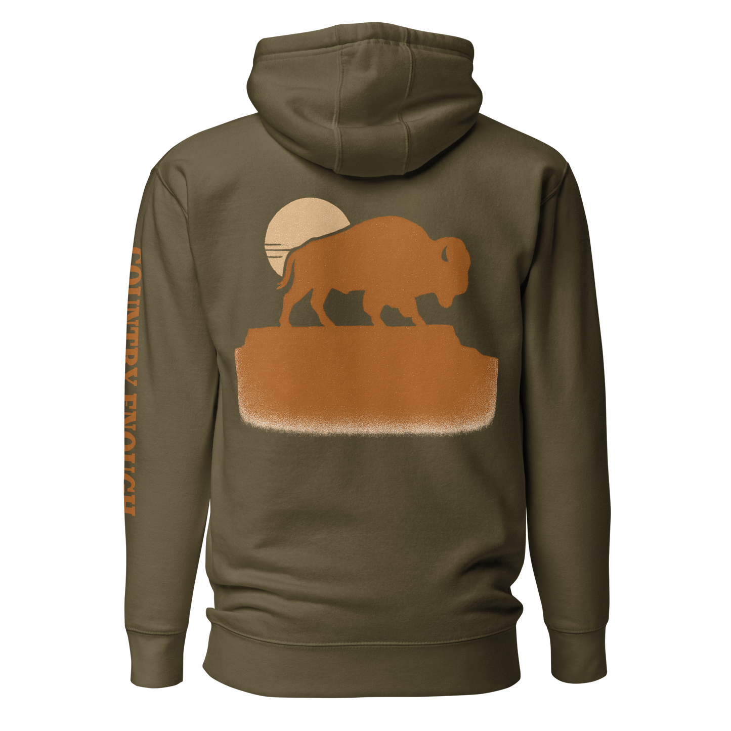 Military Green hoodie with graphic of bison atop a plateau, the sun behind, and the words country enough #militarygreen