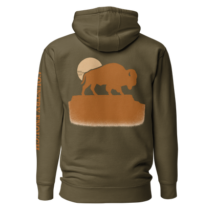 Military Green hoodie with graphic of bison atop a plateau, the sun behind, and the words country enough #militarygreen
