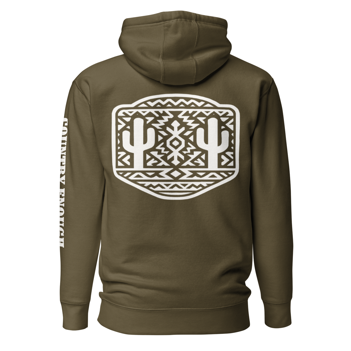 Military Green Hoodie with a geometric graphic surrounding aztec pattern and mirrored cacti. #militarygreen