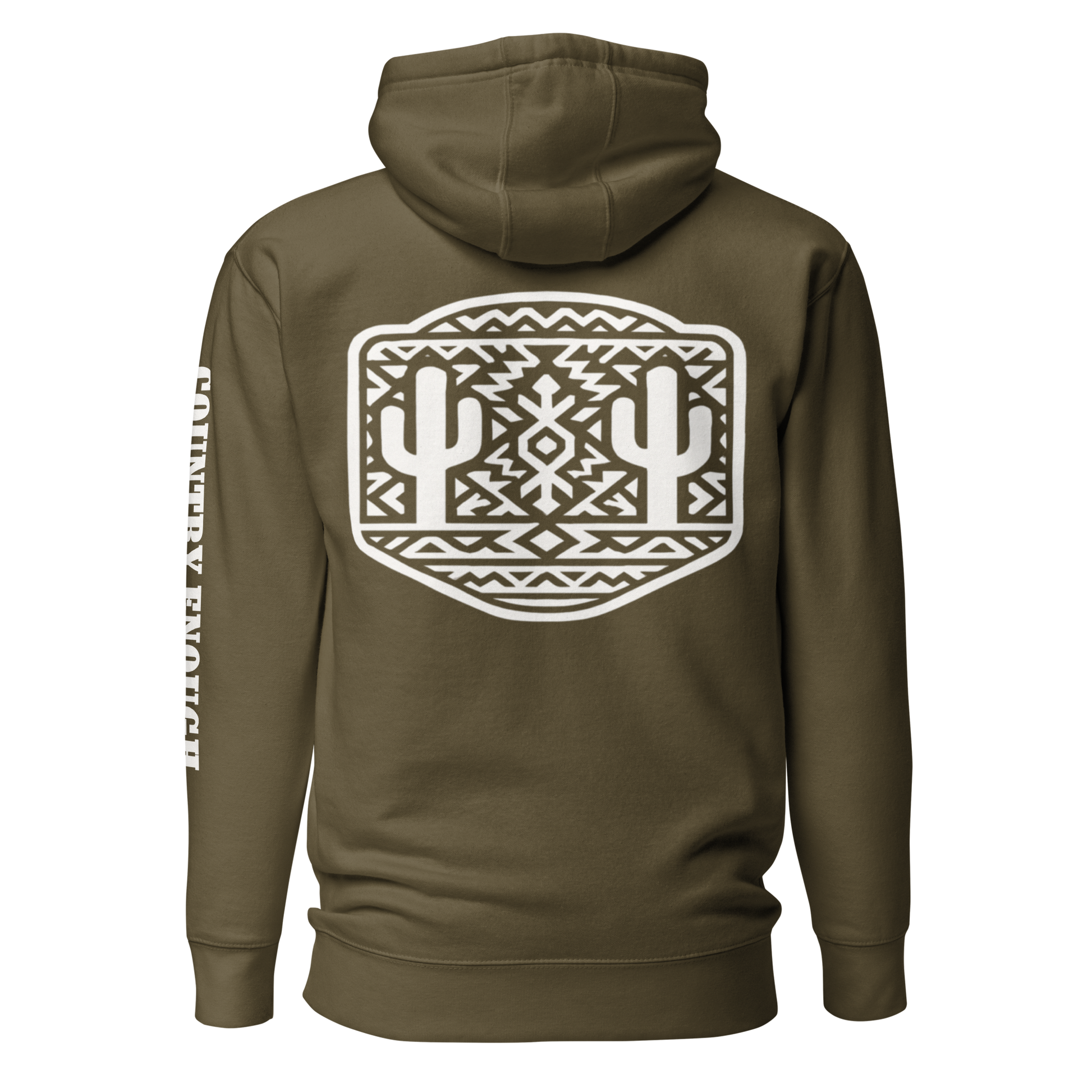 Military Green Hoodie with a geometric graphic surrounding aztec pattern and mirrored cacti. #militarygreen