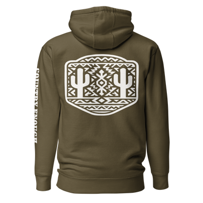 Military Green Hoodie with a geometric graphic surrounding aztec pattern and mirrored cacti. #militarygreen