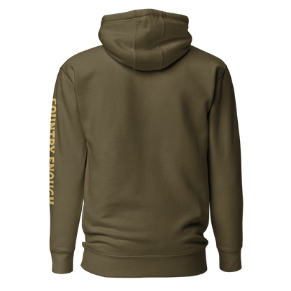 Military Green hoodie with circular graphic of a cowboy, horse, campfire, sun, cacti and desert landscape with words country enough #militarygreen