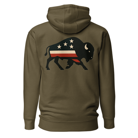 Military Green hoodie with graphic of American flag filled bison #militarygreen