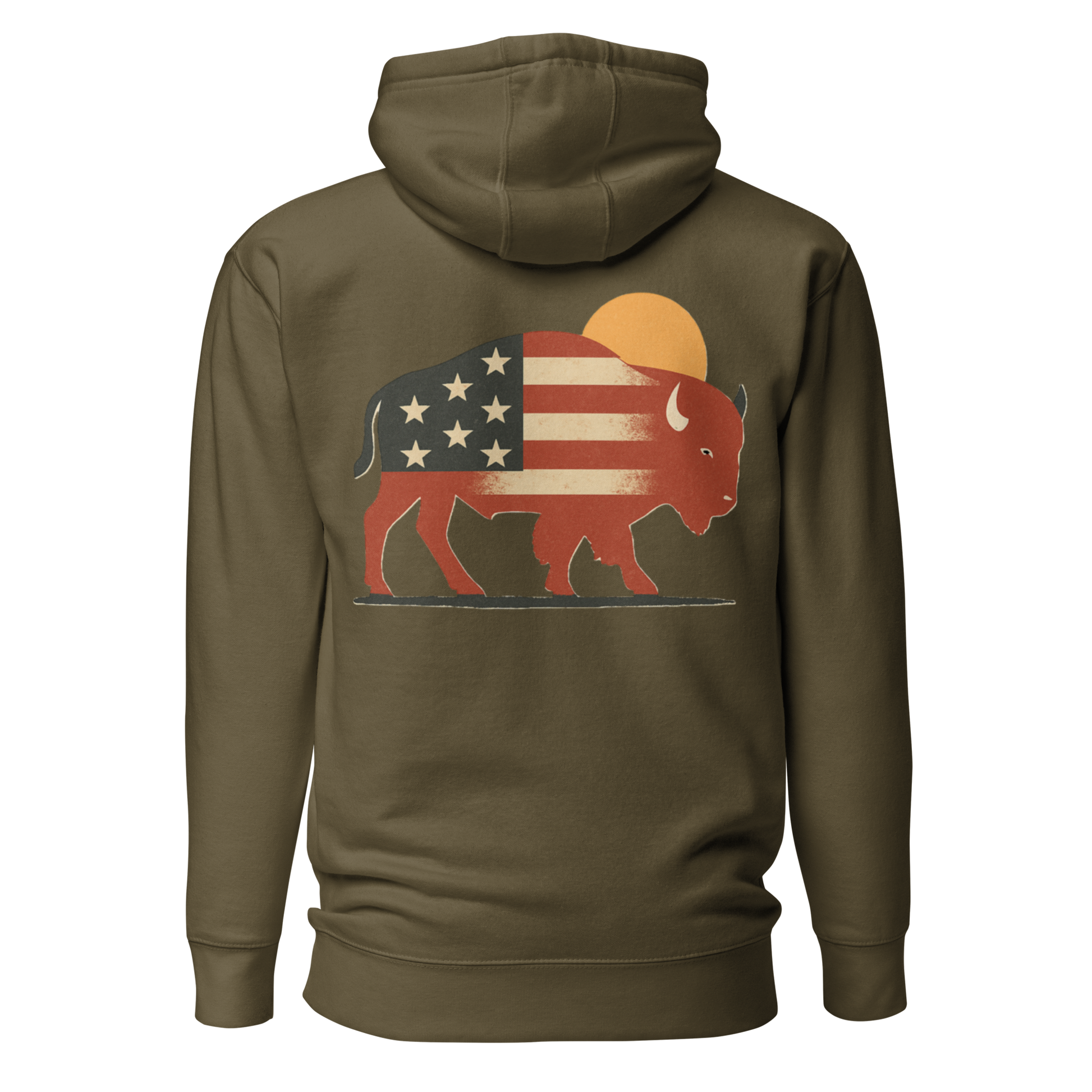 Military Green hoodie with graphic of American flag filled bison and sun #militarygreen
