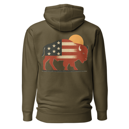 Military Green hoodie with graphic of American flag filled bison and sun #militarygreen
