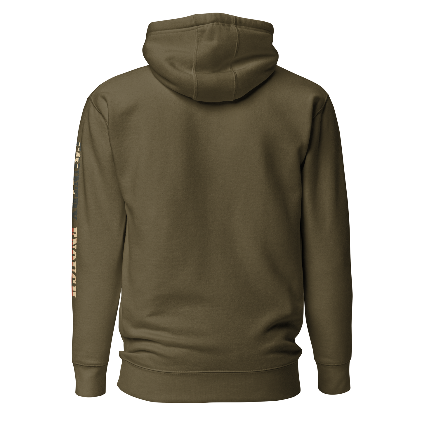 Military Green hoodie with graphic of the words country enough filled with the American flag #militarygreen