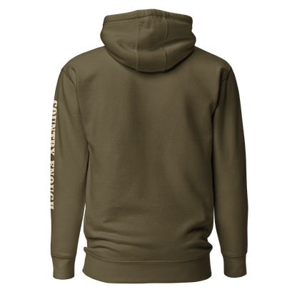Military Green hoodie with graphic of the words country enough #militarygreen