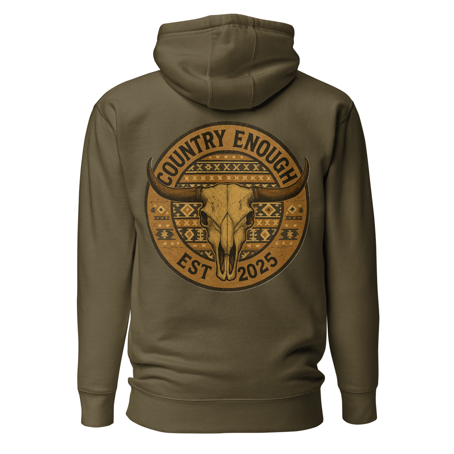 Military Green hoodie with western style graphic featuring longhorn skull and aztec print #militarygreen