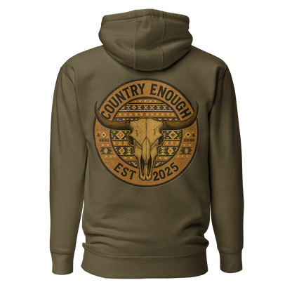 Military Green hoodie with western style graphic featuring longhorn skull and aztec print #militarygreen