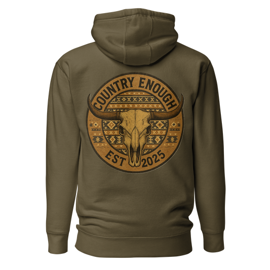 Military Green hoodie with western style graphic featuring longhorn skull and aztec print #militarygreen