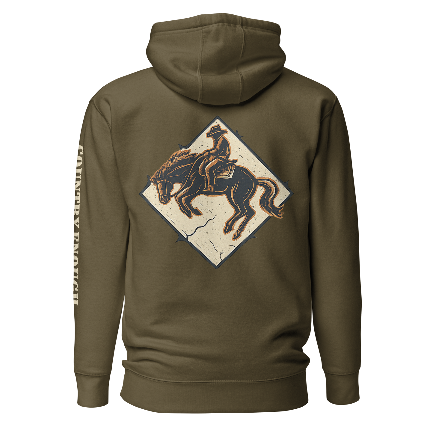 Military Green hoodie with diamond shape graphic including a bucking horse and rider #militarygreen