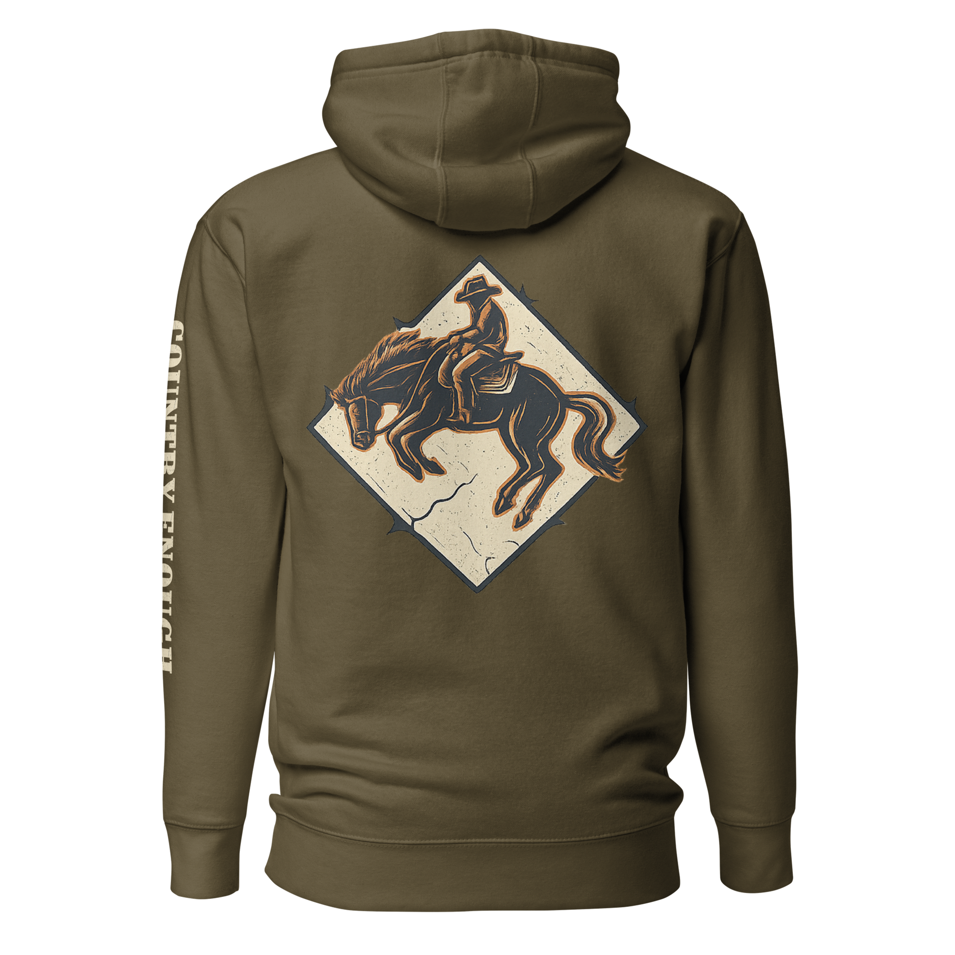 Military Green hoodie with diamond shape graphic including a bucking horse and rider #militarygreen