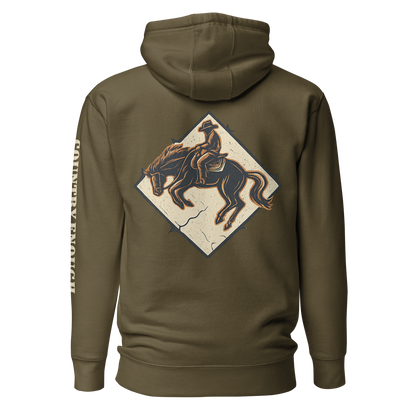 Military Green hoodie with diamond shape graphic including a bucking horse and rider #militarygreen