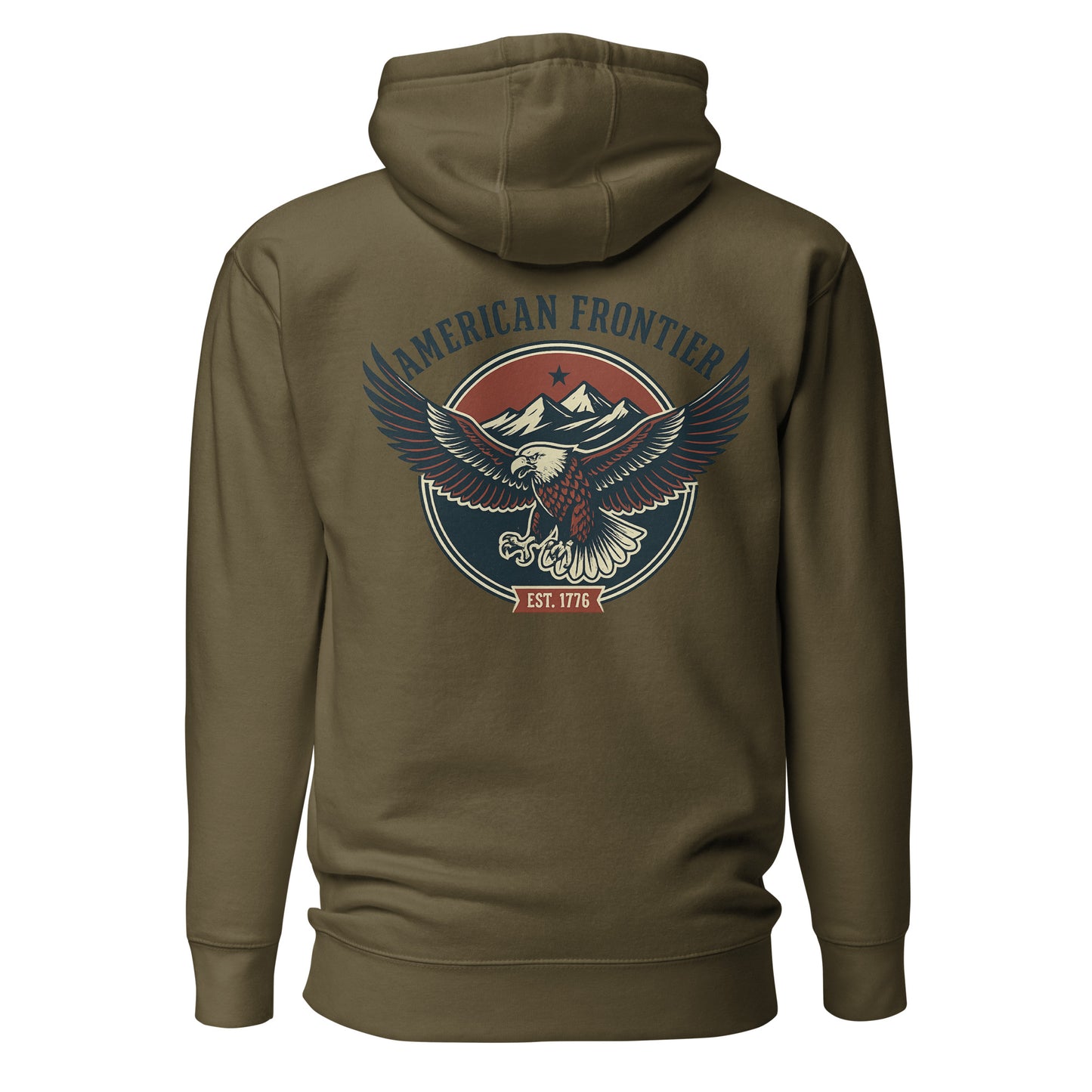 Military Green hoodie with an eagle and mountains in red, white, and blue with words American Frontier EST 1776 #militarygreen