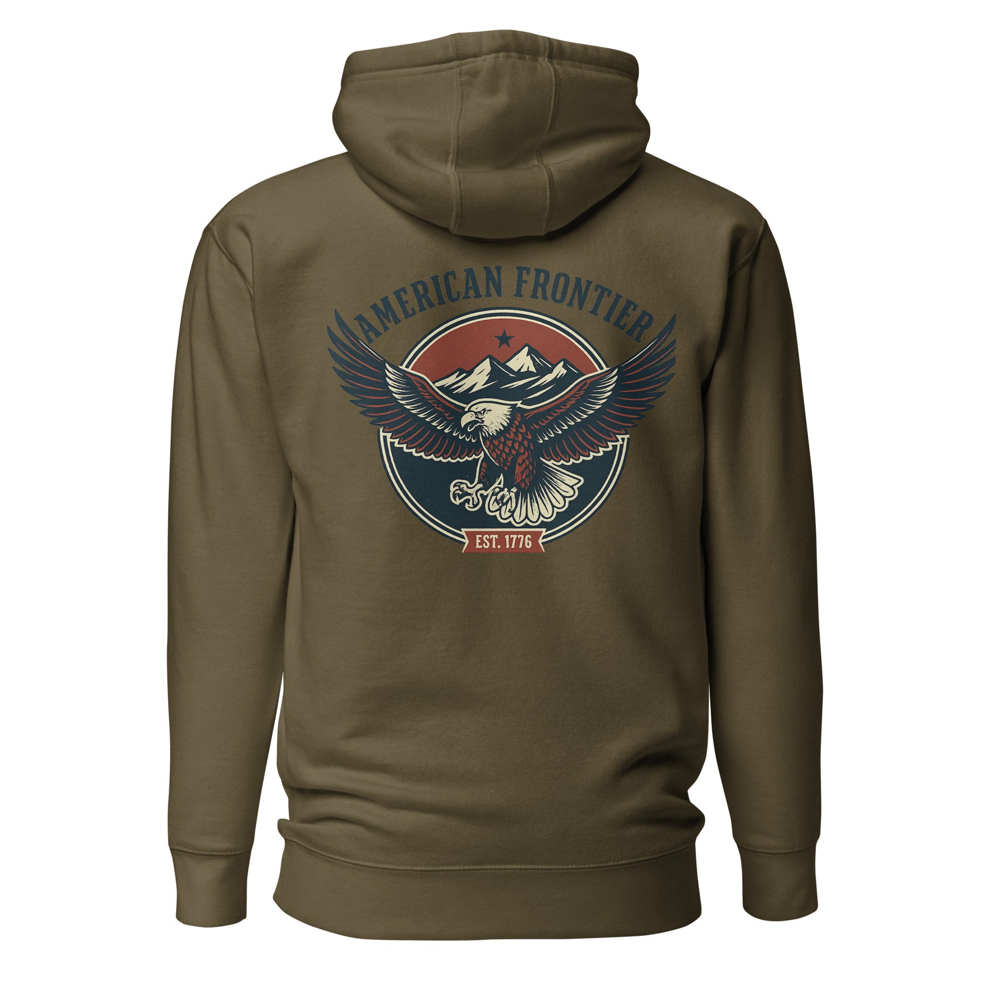 Military Green hoodie with an eagle and mountains in red, white, and blue with words American Frontier EST 1776 #militarygreen