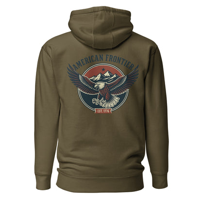 Military Green hoodie with an eagle and mountains in red, white, and blue with words American Frontier EST 1776 #militarygreen