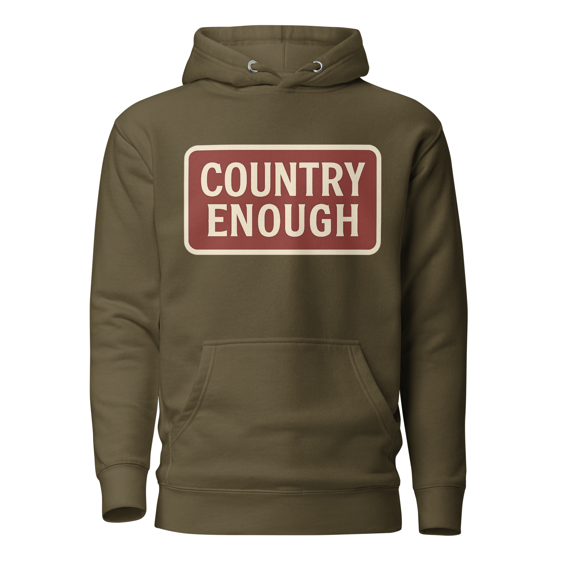 Military Green hoodie with rounded box graphic of the words country enough in a cream and maroon design #militarygreen