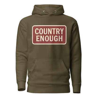 Military Green hoodie with rounded box graphic of the words country enough in a cream and maroon design #militarygreen