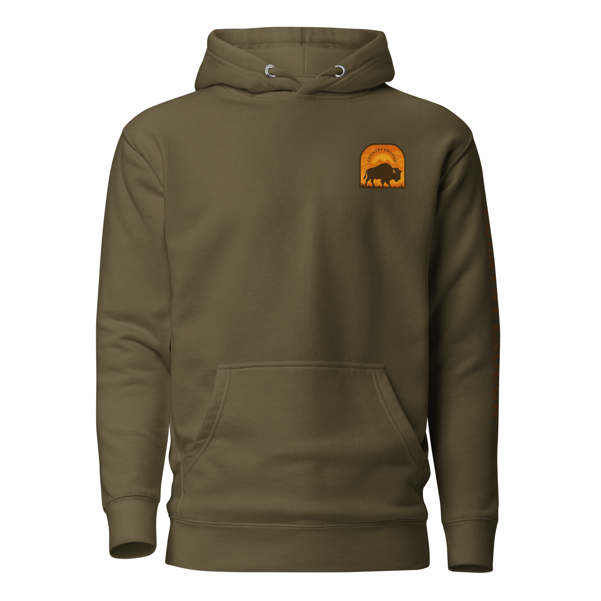 Military Green hoodie with a chest logo that includes a based, sunset, mountains, and the words country enough #militarygreen