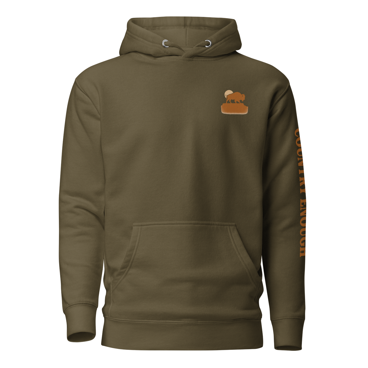 Military Green hoodie with graphic of bison atop a plateau, the sun behind, and the words country enough #militarygreen