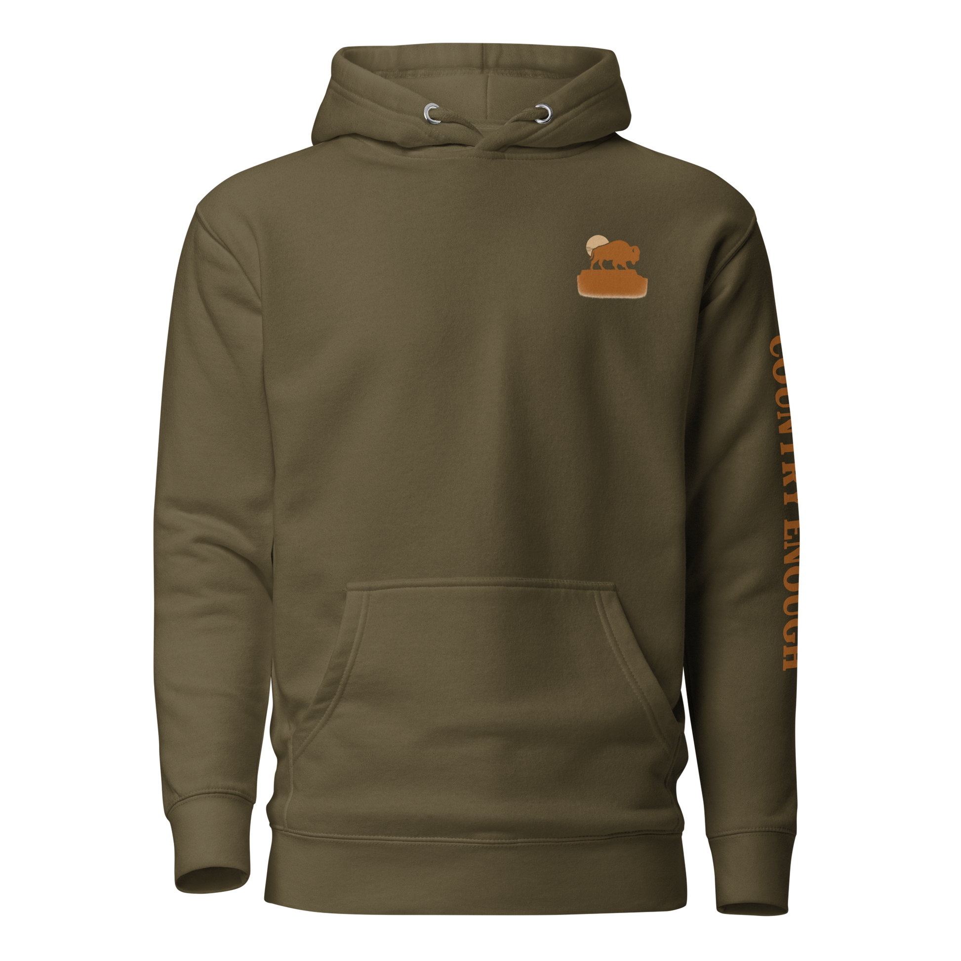 Military Green hoodie with graphic of bison atop a plateau, the sun behind, and the words country enough #militarygreen