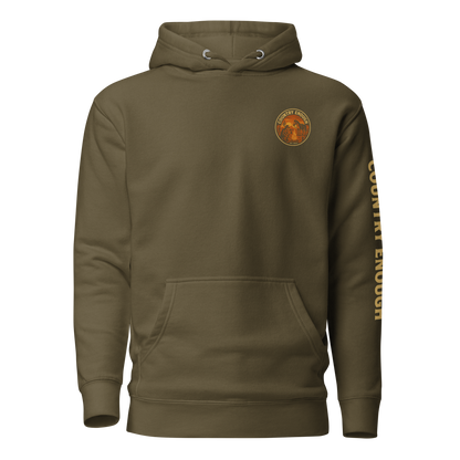 Military Green hoodie with circular graphic of a cowboy, horse, campfire, sun, cacti and desert landscape with words country enough #militarygreen