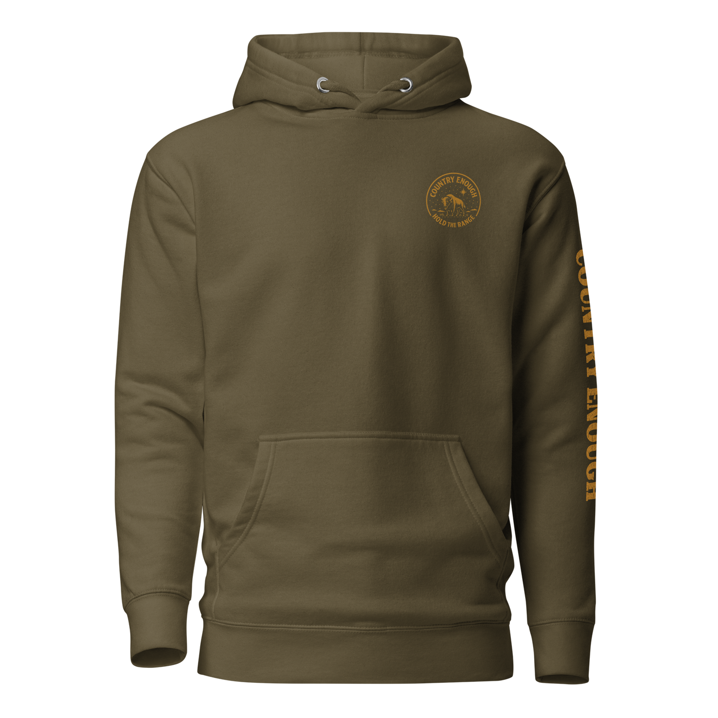 Military Green hoodie with circular graphic of a bison, starry sky, and the words country enough and hold the range #militarygreen