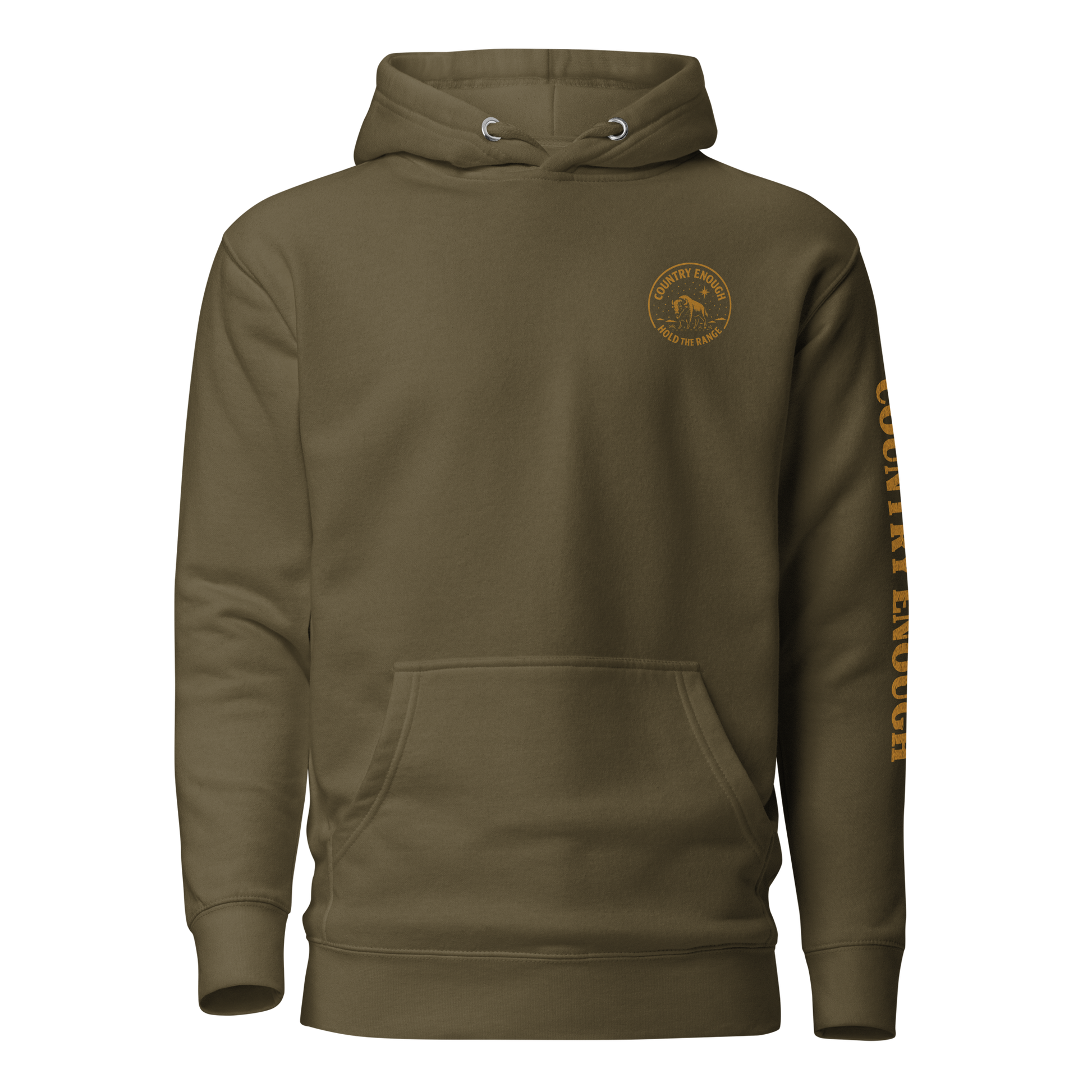 Military Green hoodie with circular graphic of a bison, starry sky, and the words country enough and hold the range #militarygreen