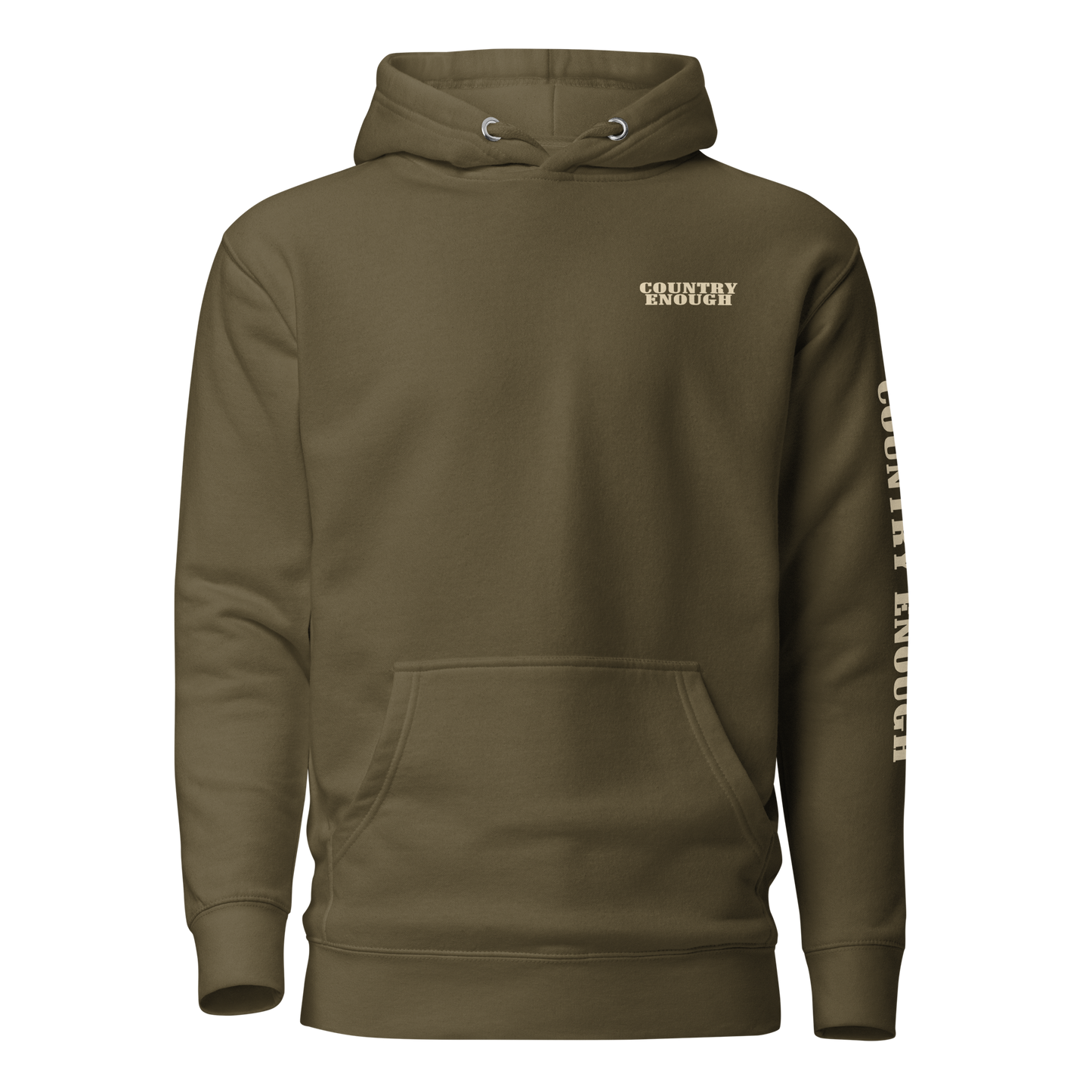 Military Green hoodie with graphic of the words country enough #militarygreen