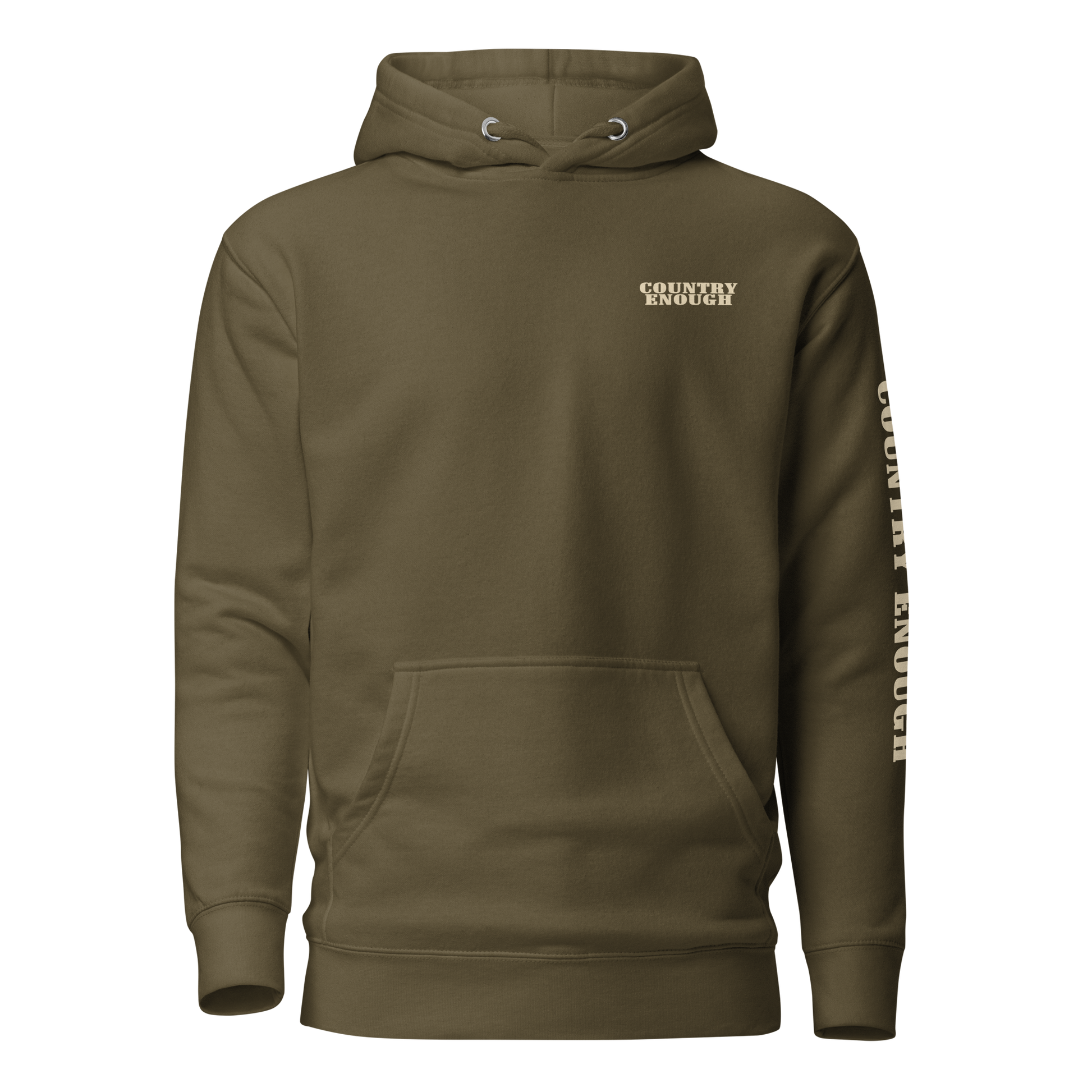 Military Green hoodie with graphic of the words country enough #militarygreen