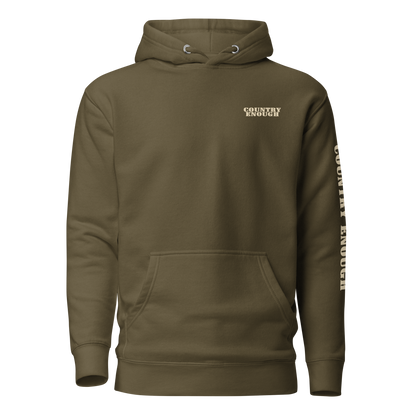 Military Green hoodie with graphic of the words country enough #militarygreen