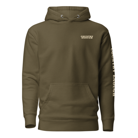 Military Green hoodie with graphic of the words country enough #militarygreen