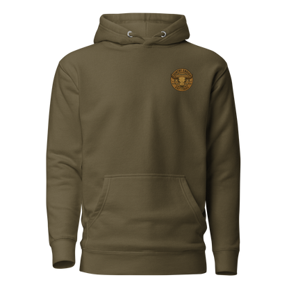 Military Green hoodie with western style graphic featuring longhorn skull and aztec print #militarygreen
