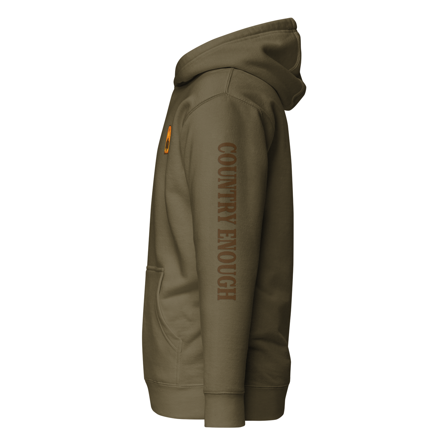 Military Green hoodie with a chest logo that includes a based, sunset, mountains, and the words country enough #militarygreen