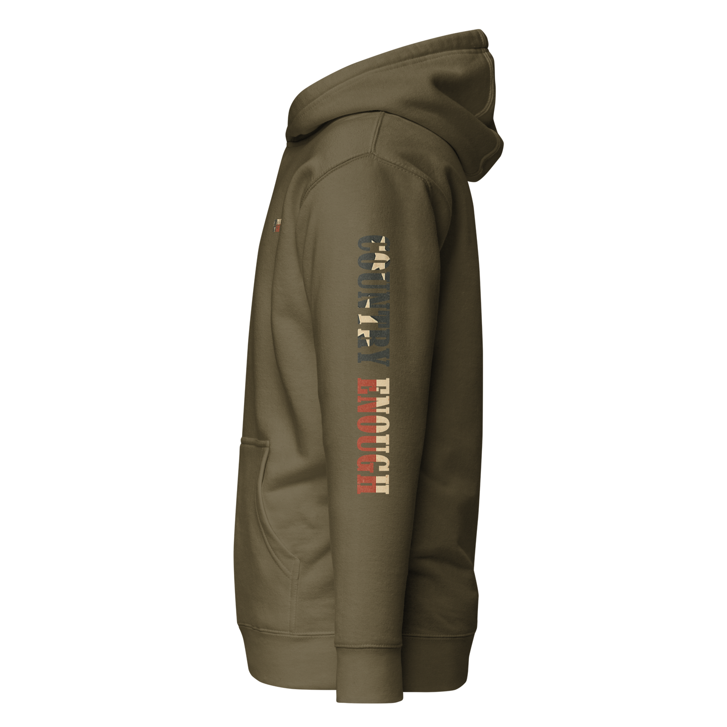 Military Green hoodie with graphic of the words country enough filled with the American flag #militarygreen