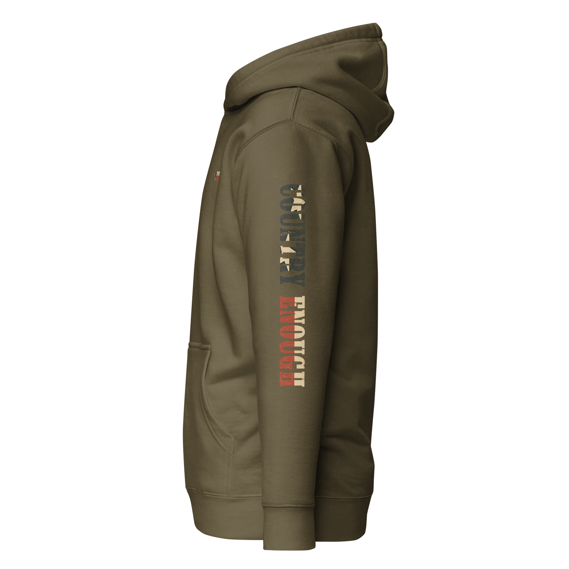 Military Green hoodie with graphic of the words country enough filled with the American flag #militarygreen