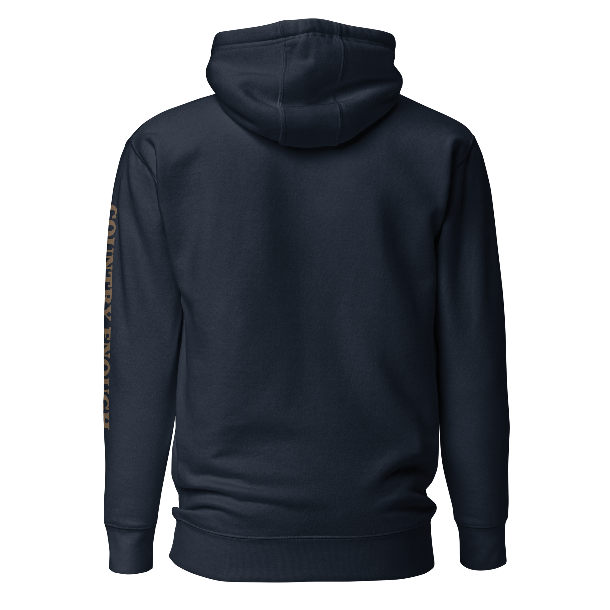 Navy Blazer hoodie with a chest logo that includes a based, sunset, mountains, and the words country enough #navyblazer