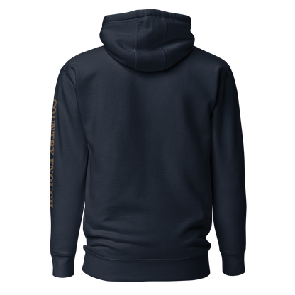 Navy Blazer hoodie with a chest logo that includes a based, sunset, mountains, and the words country enough #navyblazer