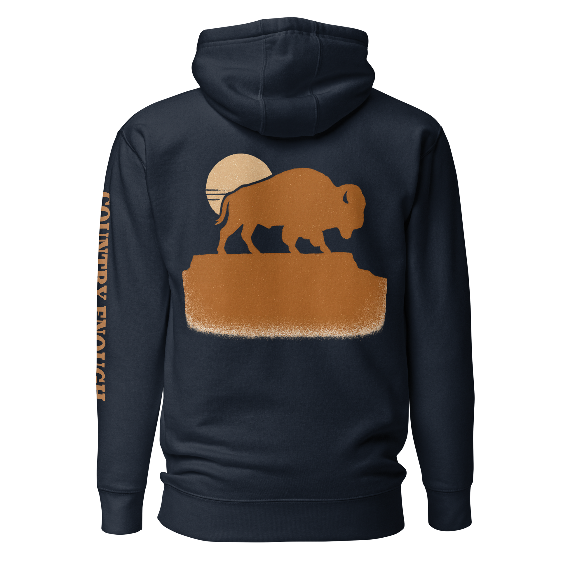 Navy Blazer hoodie with graphic of bison atop a plateau, the sun behind, and the words country enough #navyblazer
