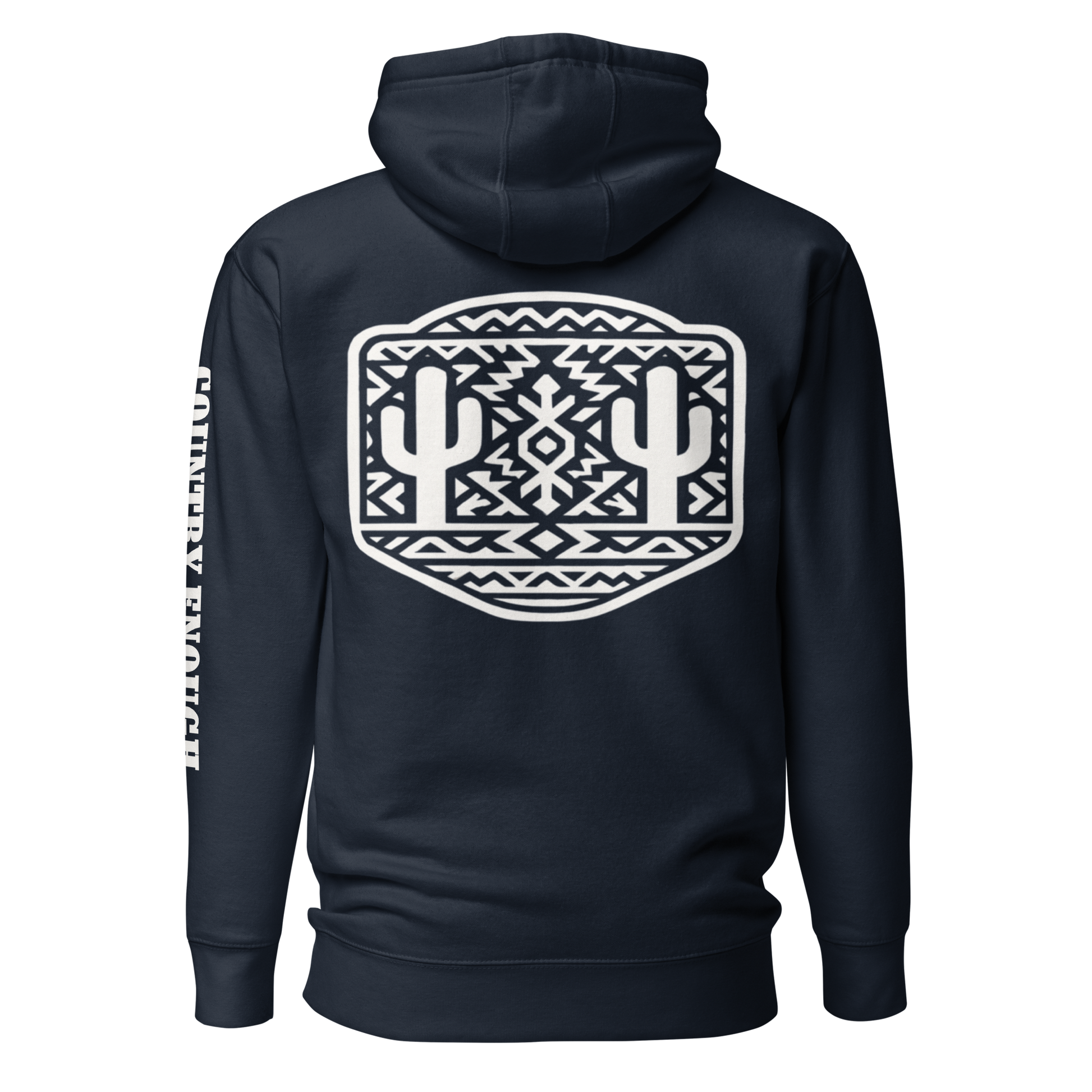 Navy Blazer Hoodie with a geometric graphic surrounding aztec pattern and mirrored cacti. #navyblazer