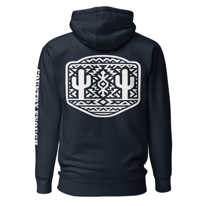 Navy Blazer Hoodie with a geometric graphic surrounding aztec pattern and mirrored cacti. #navyblazer