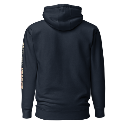 Navy Blazer hoodie with graphic of the words country enough filled with the American flag #navyblazer