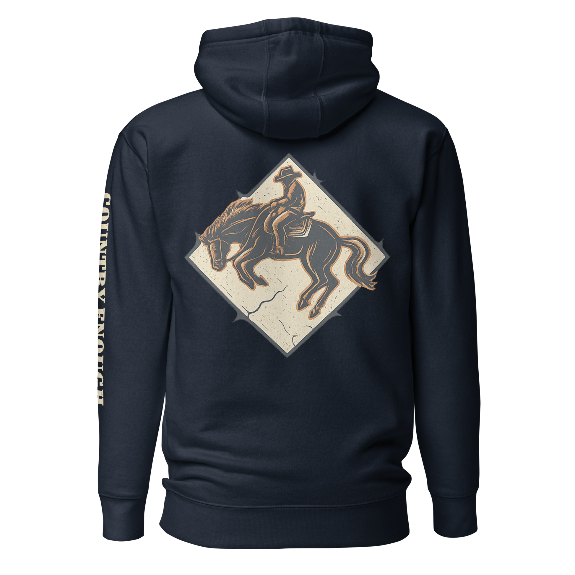 Navy Blazer hoodie with diamond shape graphic including a bucking horse and rider #navyblazer